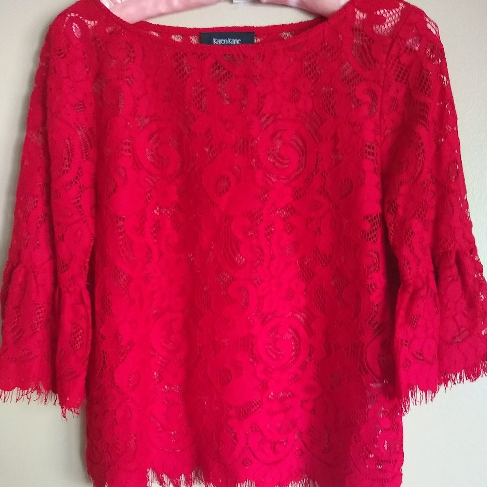 Karen Kane Red Lace Top with Bell Sleeves